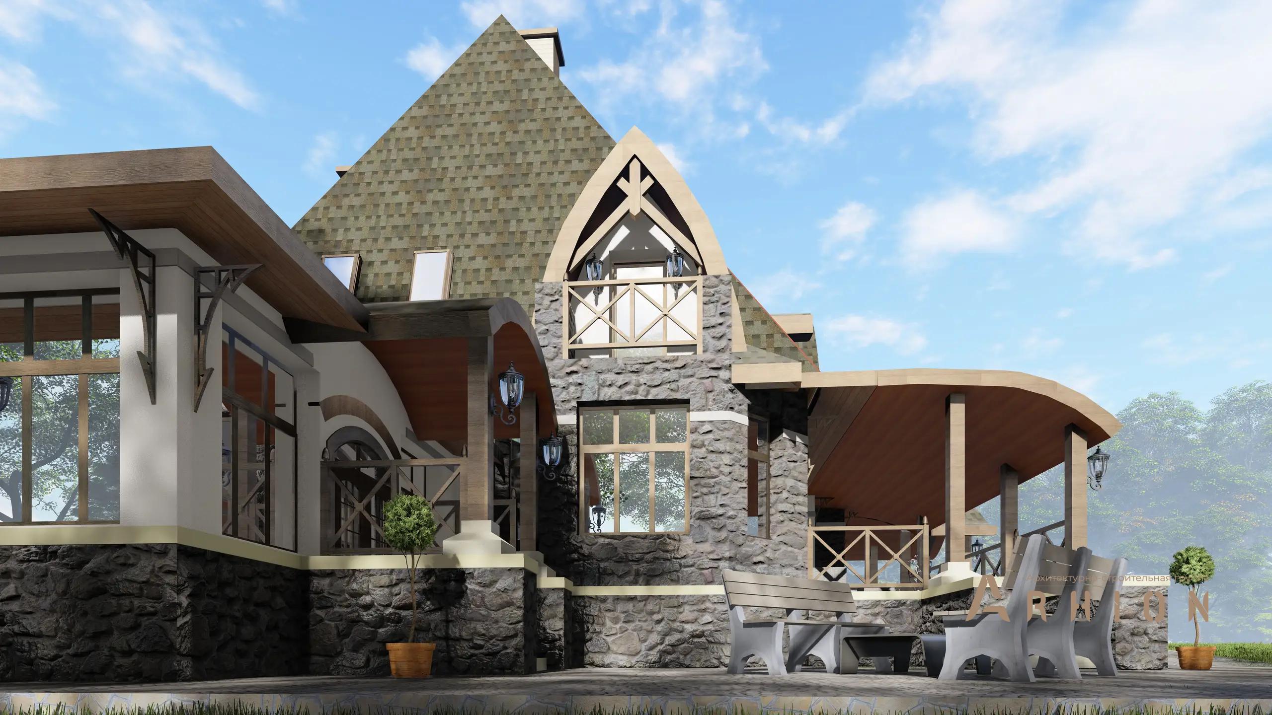 3. Проект двухэтажного дома в стиле модерн с многоскатной кровлей, H-1300, площадью - 301 кв c мансардой, терассой, эркером